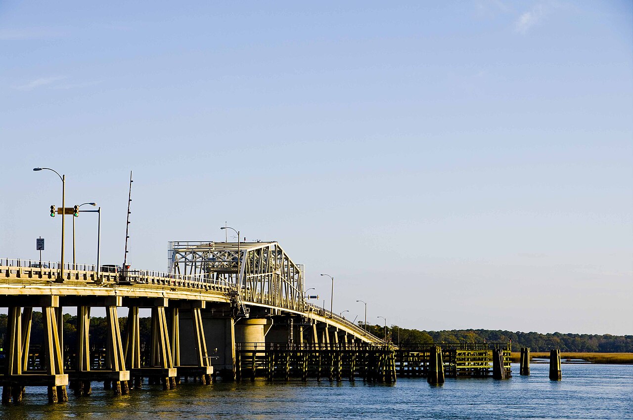 Woods Memorial Bridge at golden hour from Beaufort Waterfront Park